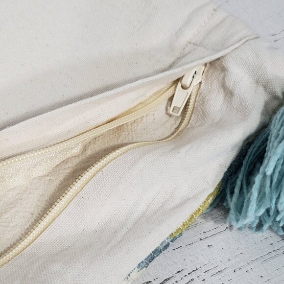 Cotton Blend Tapestry  Blue & Lime Tassled Zippered Pillow Cover Sham  24 X 13.5 - Picture 6 of 7